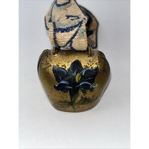 Vintage Cowbell Switzerland Brass Hand Painted With Hand‎ Embroidered Ribbon